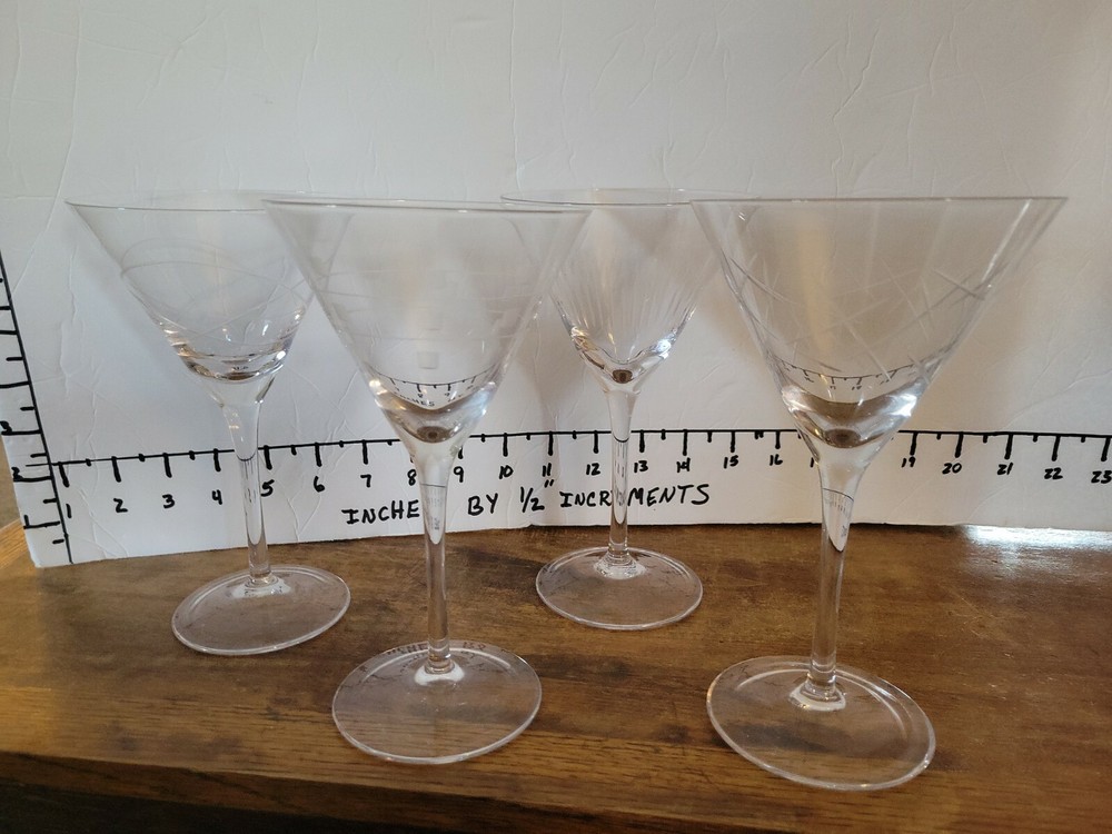 4 Etched Crystal Martini Glasses ~ 4 Different Patterns ~ 7.5″ Tall X 4.5 Dia.