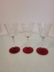 Vintage etched glasses with a ruby red base by Weston Crystal circa 1935