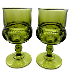 VINTAGE 1960s INDIANA GLASS «KINGS CROWN» AVOCADO GREEN GOBLETS SET 5.75″H