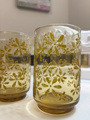 VTG 60s Libbey Amber Glasses Gold Bouquet 5 Oz Juice Embossed Flower Set of 3