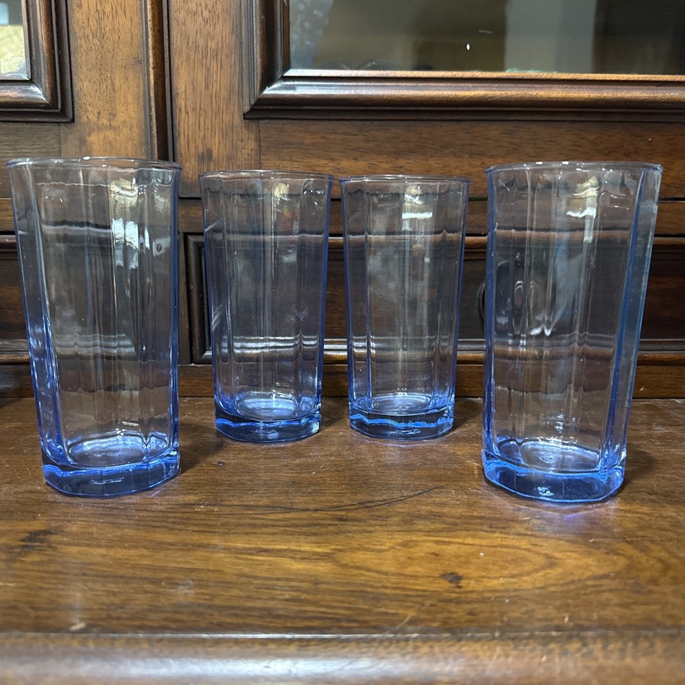 ANCHOR HOCKING 4 – 14oz REFLECTIONS LIGHT BLUE 10 PANEL GLASS TUMBLERS 5 7/8″