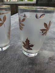 Set of 4 Libbey «Golden Foliage» Frosted Glass Tumblers 5-1/4″ Tall MCM USA