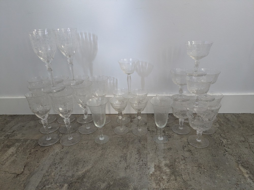 Vintage Clear Glass Wine Glass Stemware, Etched Floral Pattern, Set Of 29