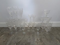 Vintage Clear Glass Wine Glass Stemware, Etched Floral Pattern, Set Of 29