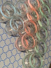 Vintage 13 Piece 3″ Glass Set Gold Green Pink Blue Stripes Clear Lowball Glass