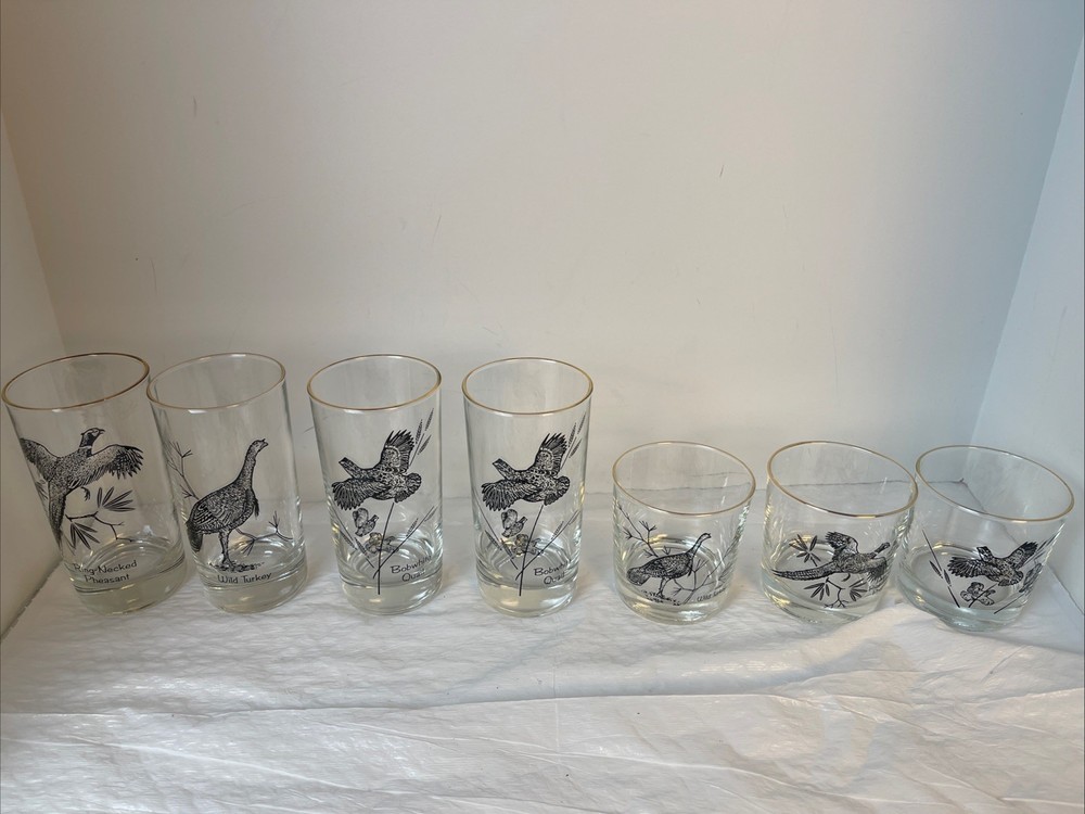 Set Of 7 Vintage Game Bird Glasses- 4 Highball And 3 Whiskey Gold Rim- Preowned