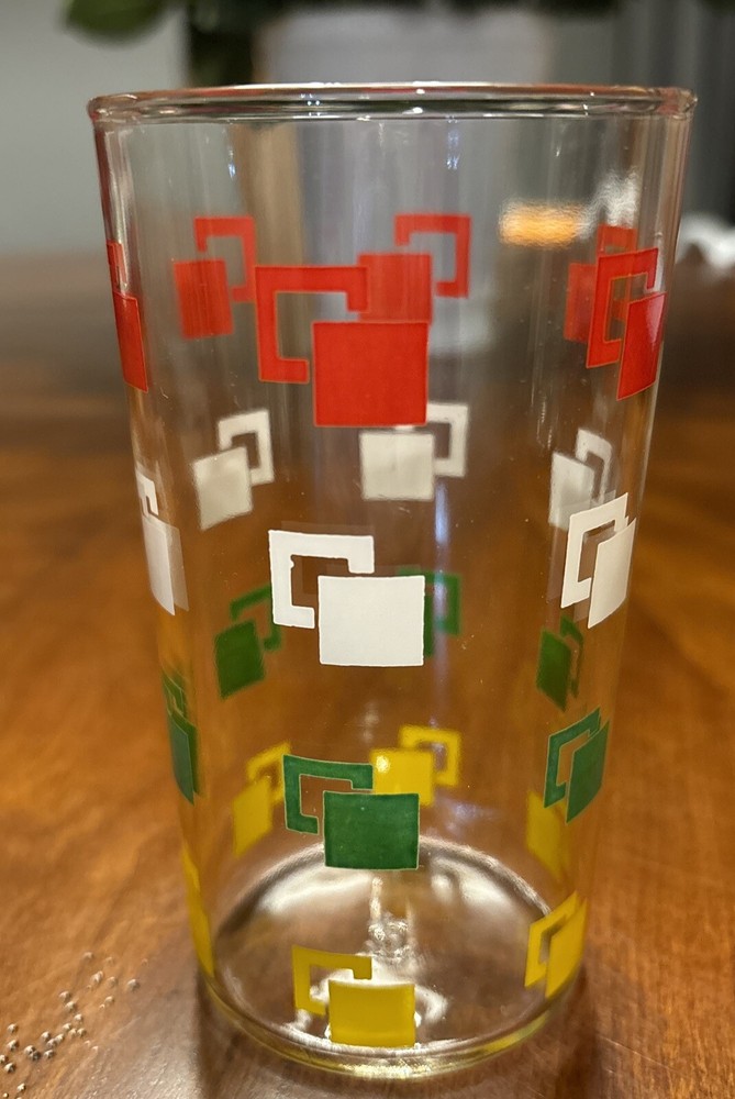 Anchor Hocking Retro/MCM Style Glass With Red, Yellow, White, Green Squares