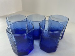 Libbey Facets Blue Old Fashioned Glasses Set Vintage Octagon Texture LOT OF 5
