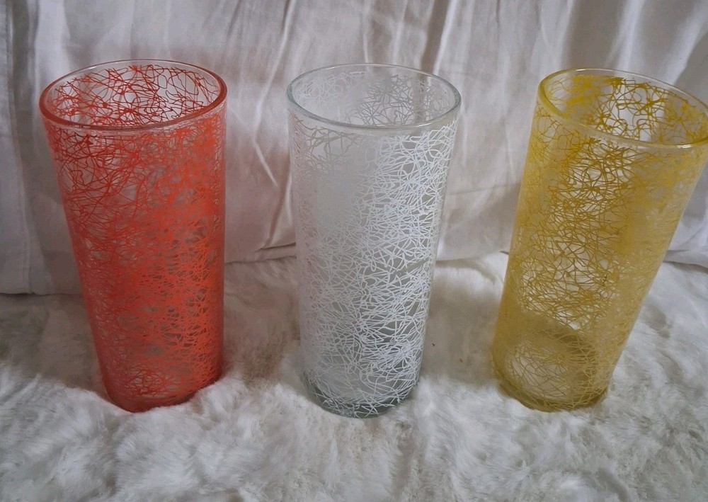 Vintage Spaghetti String High Ball Glass Lot Of 3 Orange White Yellow