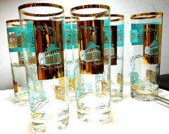 6 Vintage Libbey Southern Comfort Riverboat Highball Glass Tumblers/ Aqua+ Gold