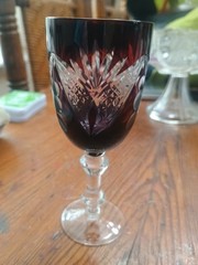 Vintage Bohemian Ruby Cut To Clear Crystal Sherry Glass Red 51/2″ Tall 3.6 oz