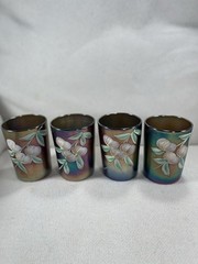 Set 4 Antique Fenton Cobalt Blue Carnival Glass 3.75” Tumbler Handpainted Cherry