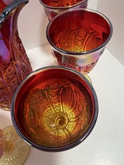 VTG Indiana Heirloom Cadmium Glass Amberina Iridescent Pitcher&6 Goblets Set EUC