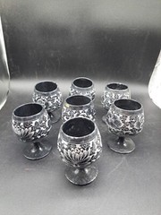 Vintage Black And White Etched Stoneware Goblets Taiwan
