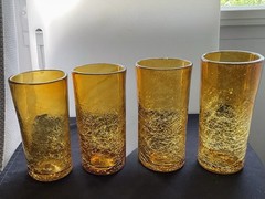 Vintage Hand Blown Amber Crackle Glass Tumblers Set Of 4 Mid-century Studio Art