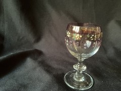 Vintage White Enamel Flower design, cordial, glass 3.5” high gold wine coloring