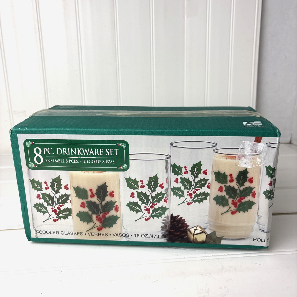 8 Glass Christmas Holly Berries 16 oz. Indiana Glass. New with Box Vintage