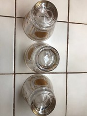 3 VTG MID CENTURY LOW BALL GLASSES AZTEC MEDALLION PATTERN GOLD ACCENTS