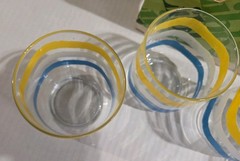 VTG Libbey Rocks Glasses Tumblers 80s Blue White Yellow Stripes 10 oz Set Of 4