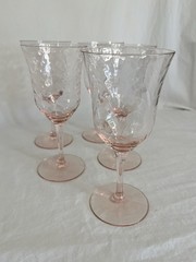 Vintage Pink Wine Glasses with Scallop Art Deco Design Set of Five