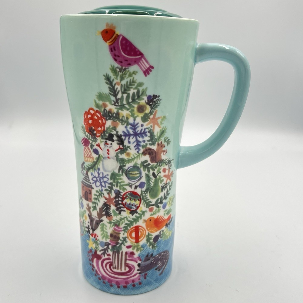Christmas Travel Mug Ceramic Tree Teal Gasket Lid New 7.5″ Coffee Keeper