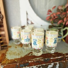 Anchor Hocking Bicentennial Glasses Set Of 6 Vintage Cross-Stitch Folk Art
