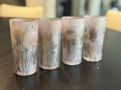 Studio Art Glass Tumbler Blush Pink Purple Gold Abstract Floral Frosted Set of 4