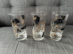3 Vintage Libbey Atomic Black & Gold Boomerang 5-1/2” Highball Cocktail Glasses