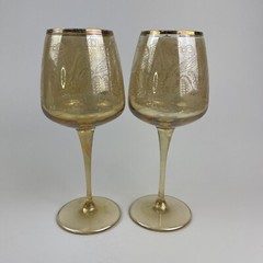 Gold Luster Glass Wine Goblet With Gold Rim And Scroll Design European Set Of 2