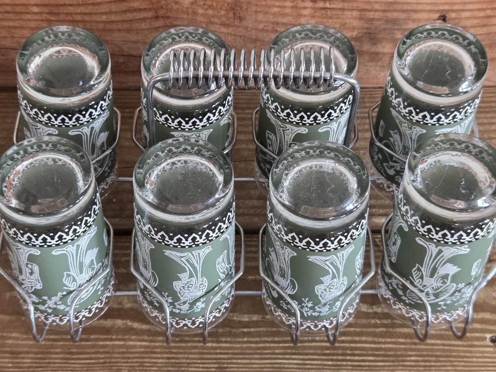 Vtg Libbey Geisha Drinking Glasses Set 8 Olive Green Frosted Highball Caddy MCM