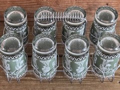 Vtg Libbey Geisha Drinking Glasses Set 8 Olive Green Frosted Highball Caddy MCM