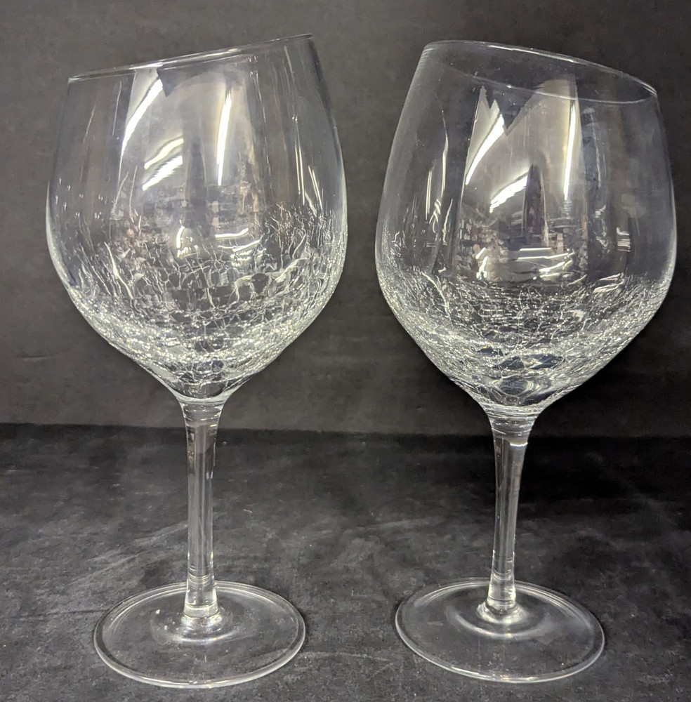 Pier 1 One Angled CRACKLE RED WINE GLASS Slant Slanted Rim Goblets Set Of 2