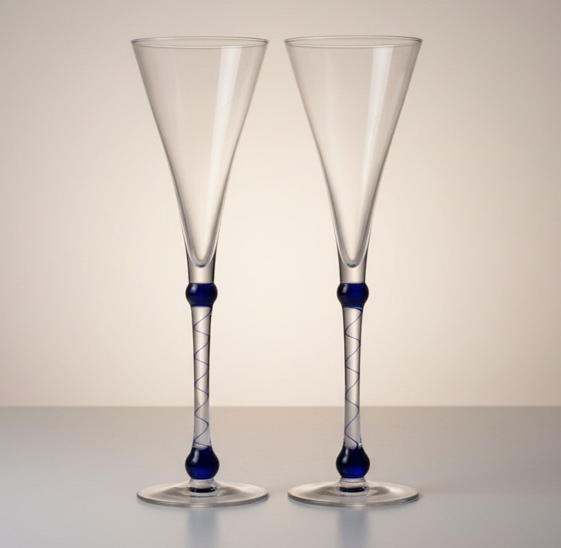 Martini Rossi Asti Champagne Flutes 2000 Millennium Blue Swirl Glass Pair