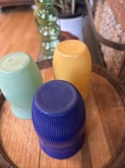 Set of 3 Mixed Colors Hazel-Atlas Fine Ribbed Platonite 9 oz. Tumbler glass 4″