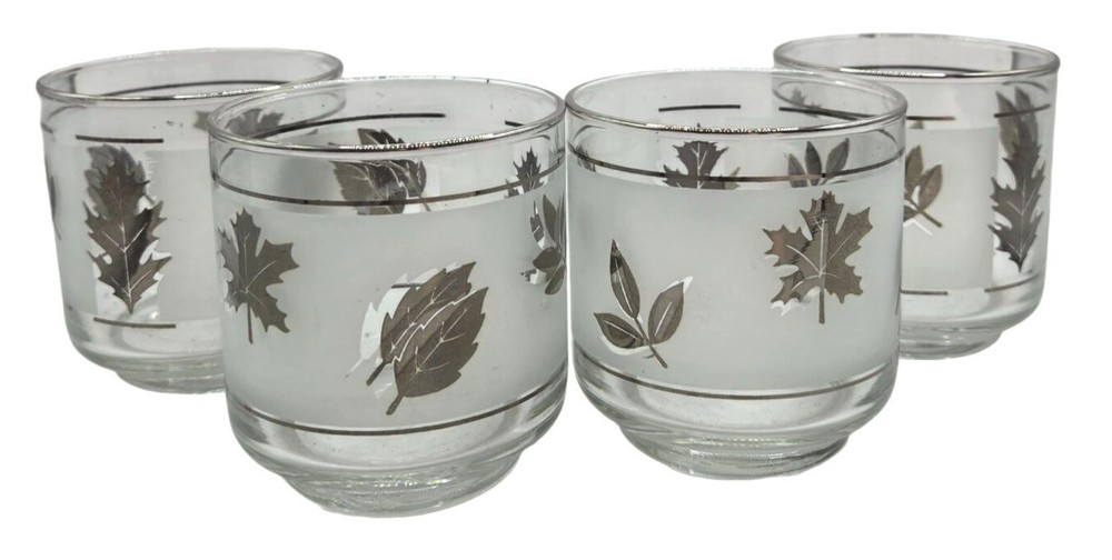 Vintage Libbey Frosted Silver Foliage Leaf Glasses Old Fashion Set of 4