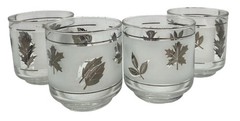 Vintage Libbey Frosted Silver Foliage Leaf Glasses Old Fashion Set of 4