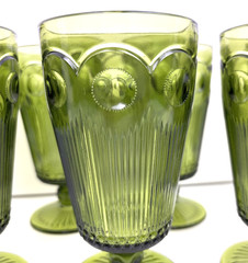 8 ~ VTG Bartlett Collins St Genevieve Green Goblets Manhattan Glasses Bullseye