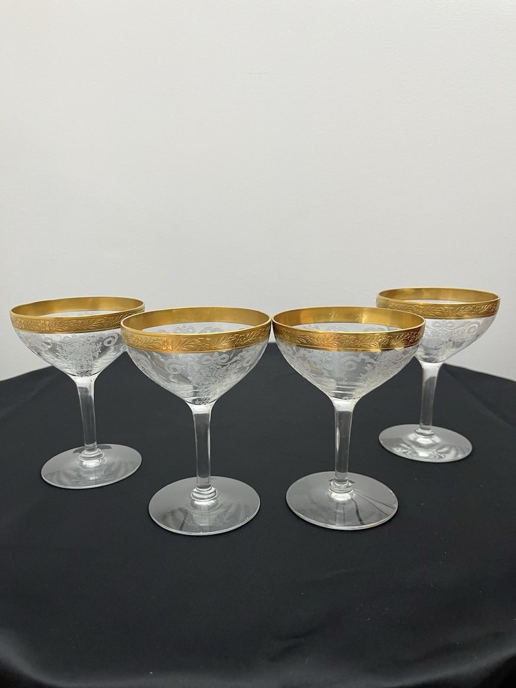 🟡 4 Tiffin Franciscan Melrose Clear w/ Gold Gilding Champagne Glass Set 1930’s