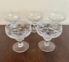 Vintage Set 5 Val St Lambert Vignes Crystal Tall Sherbet Champagne Glasses 4”H