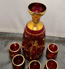 Red Glass Murano Gold Trim Bottle W/Five Glasses Courting Couple Venetian Attire