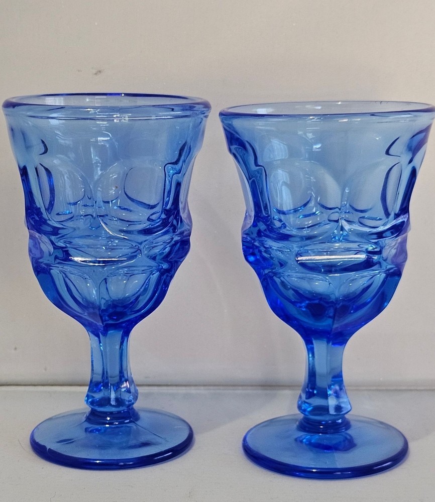 2 Fostoria Argus Blue Wine Glasses 1980s thumbprint goblets glass stemware decor
