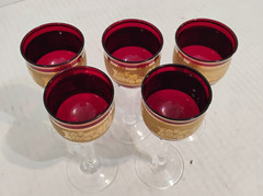 5 Bohemian Ruby Red Gold Gilded Crystal Cordial Wine Glasses