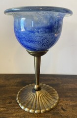 Cobalt Blue Hand Blown Goblet Chalice Brass Stem DECORATIVE ONLY