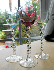 Mid Century Glass Cordials Pastel Clear Twist Stems Hungary SET 3