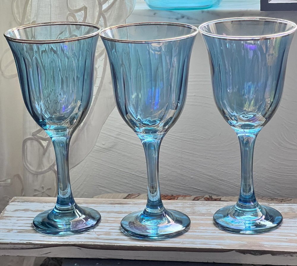 3 Vintage 7.75″ Gold Rim Iridescent Luster Blue Wine Crystal Goblets 10oz