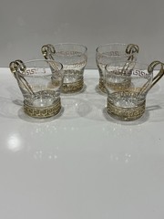 MCM Libbey Cups Greek Key Glass Punch Cocktail Coffee Gold Metal Handle Set Of 4