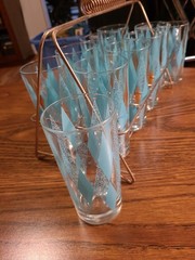 Vintage Hazel Atlas Teal Diamond Harlequin Glasses Set of 8 Caddy Plus 2 Spares