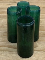 Set of 4 Green Ribbed Hand Blown Glass Tumblers Glasses Blue Rim Handcrafted