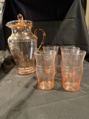 Vintage Pink & Clear Depression Glass Mixed Drinkware Set Lot w/ Serving Pieces
