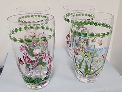 4 Portmeirion Hand Painted Goblets Ice Tea/Water DIFFERENT FLOWER ON EACH